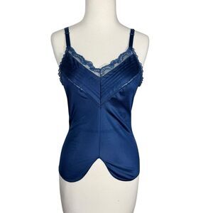 Vintage Tex Sheen Navy Blue Nylon Lace Trim Accordion Pleat Camisole Sz S USA